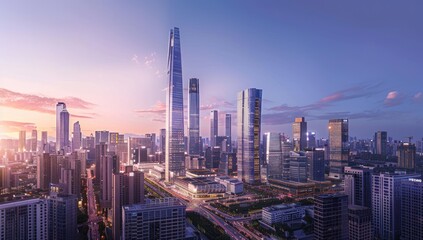 Fototapeta premium Aerial View of Modern Skyscrapers at Sunset