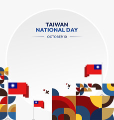 Taiwan National Day banner in modern geometric style. Square greeting card cover with country flag. Double Ten Day October 10th as Taiwan national holiday. Happy National Day of the Republic of China