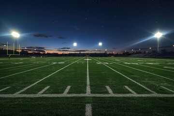 A football field illuminated by night lights, ready for a game or practice