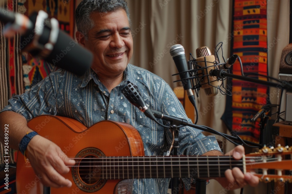 Poster A person playing a guitar in a professional music recording studio setting
