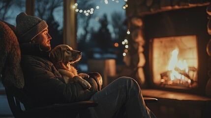 A cozy evening by the fire, capturing warmth, companionship, and relaxation with a dog and twinkling lights.