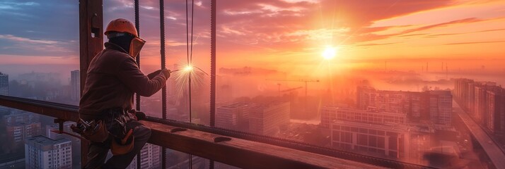 A construction worker welds metal on a high-rise building framework at sunset, with the cityscape and cranes visible in the background.