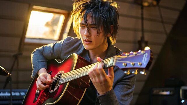 a male musician playing a guitar instrument