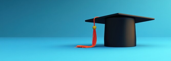 Black Graduation Cap with Red Tassel on a Blue Background