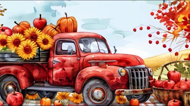 autumn illustration with a red truck full of apples and pumpkins, on the background of a plaid blanket, sunflowers and baskets, the concept of harvesting in summer and autumn, autumn landscape