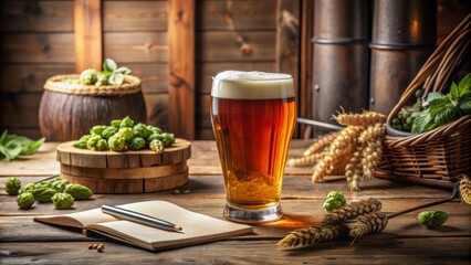 Frothy glass of freshly brewed amber ale sits on wooden table alongside hops, brewing equipment, and recipe notes in a cozy home brewery setting.