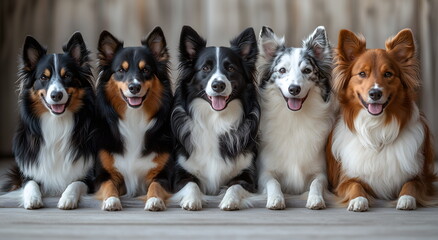 Mixed colors of collie dogs, well-groomed, healthy, on a gray background with copyspace