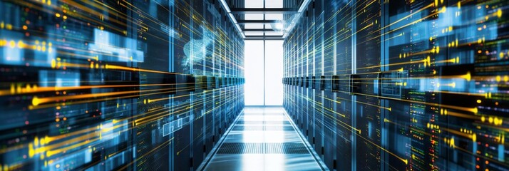 A highly sophisticated server room with state-of-the-art technology, glowing with various lights, suggesting a modern and efficient setup.