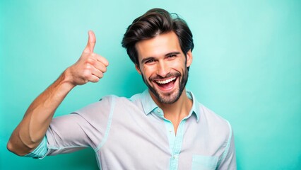 Happy male model shows off carefree attitude, flashing a bright smile and making a relaxed hang loose gesture against a soft, calming pastel background.