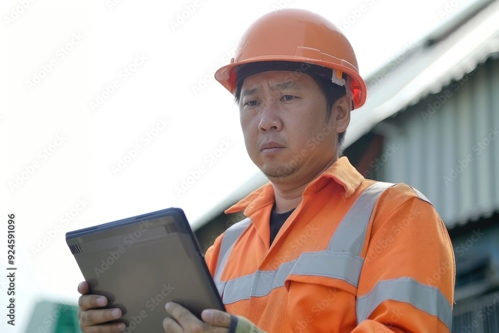 Poster a construction worker wears a hard hat and orange jacket while holding a tablet for data entry or co