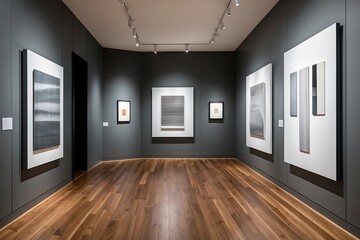 Obraz premium Modern Gallery Interior Design with Steel Grey Walls and Elegant Wooden Flooring