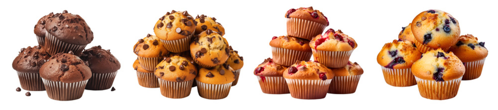 Collection of 4 muffin muffins in pile stack group set. Double chocolate chip, blueberry, cranberry on transparent background cutout, PNG file. Mockup template for artwork design