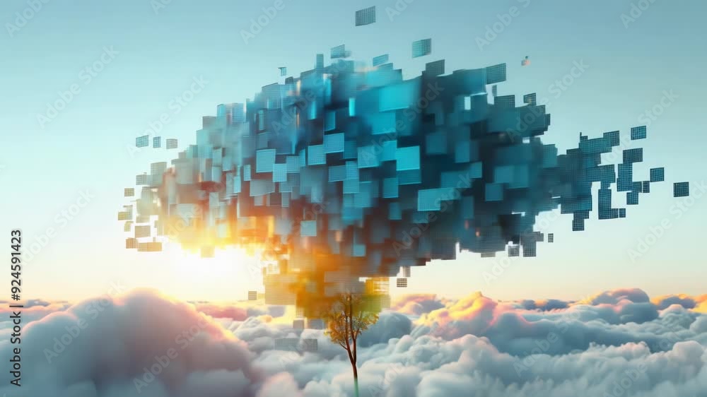 Poster digital cloud tree above the clouds illustrating rapid growth and expansion in cloud computing techn