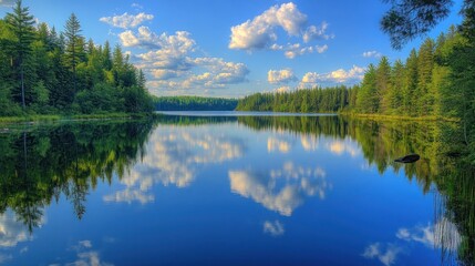 A Still, Blue Lake Surrounded by Trees and Reflecting Clouds