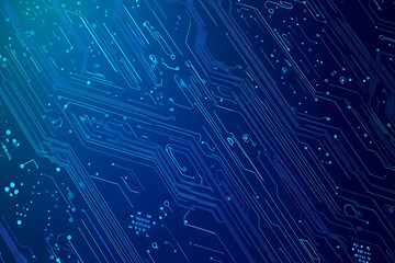 Futuristic vector illustration of a blue circuit board featuring intricate digital patterns and glowing lines, ideal for tech backgrounds.

