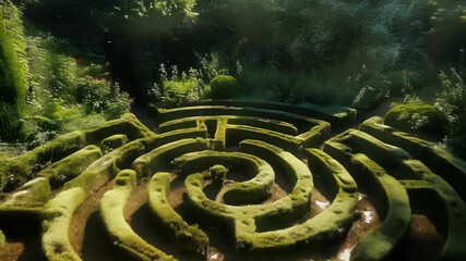 Lush Green Maze Garden Journey: Serene Adventure in Sunlit Pathways at Dawn for Nature Exploration Enthusiasts