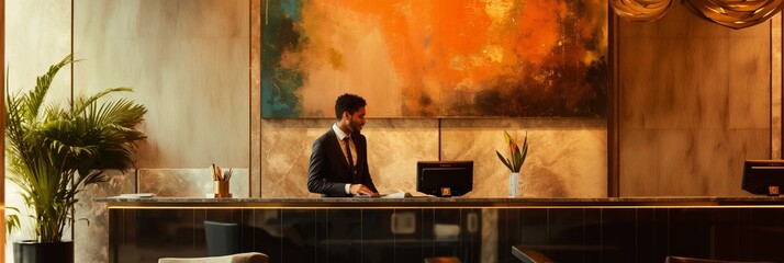 A man at a luxurious hotel reception desk with a colorful abstract painting in the background, ready to assist guests.