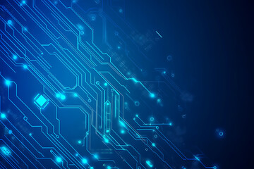 Futuristic vector illustration of a blue circuit board with intricate digital tech elements, perfect for advanced technology backgrounds.
