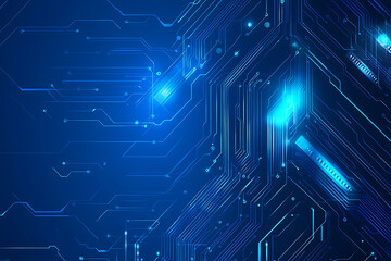 Futuristic vector illustration of a blue circuit board with intricate digital tech elements, perfect for advanced technology backgrounds.
