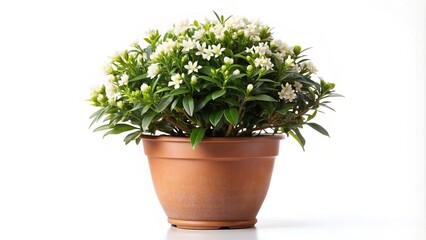 Isolated on a clean white background, a perfectly pruned potted plant with lush green leaves and delicate white flowers blooms with serenity and elegance.