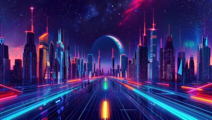 Neon Cityscape Under a Starry Sky