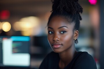 Obraz premium African American Programmer Woman Coding, Generative AI