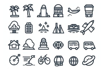 Vector illustration of various travel and vacation symbols including plane, suitcase, hotel key, compass, and more