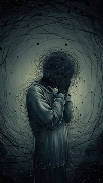 Expressive Illustration of a Figure in Distress Surrounded by Tangled Black Lines and Dark Energy