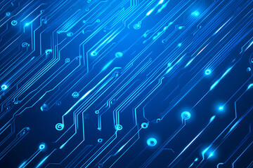 Vector illustration of a blue circuit board background featuring abstract digital tech patterns, with ample space for text or titles.
