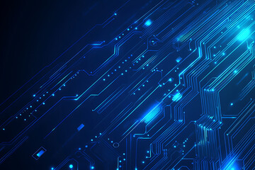 Fototapeta premium Vector illustration of a blue circuit board background featuring abstract digital tech patterns, with ample space for text or titles. 