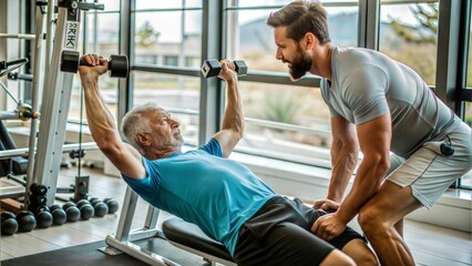 middle aged personal trainer training client in gym
