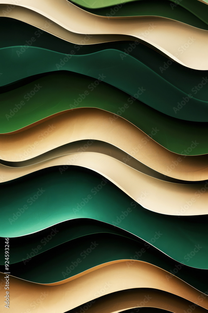 Poster background with green and gold colored paper waves. abstract layered pattern