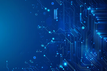 Vector illustration of a blue circuit board background featuring abstract digital tech patterns, with ample space for text or titles.

