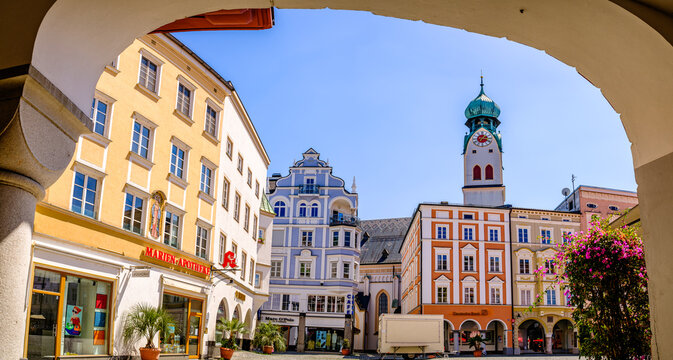 Rosenheim, Germany - May 12: historic buildings at the famous old town of Rosenheim on May 12, 2024