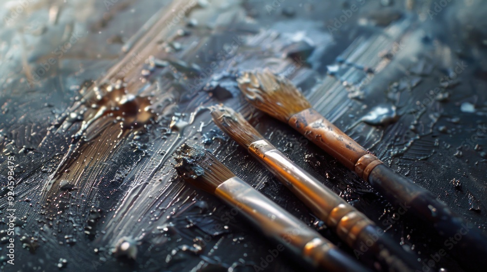 Aufkleber Close-up view of various paintbrushes arranged on a table, ready for use