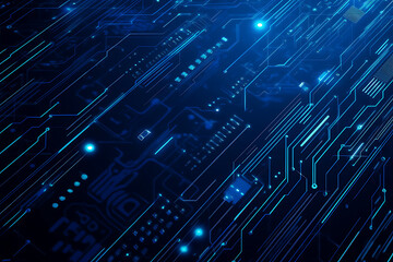Vector illustration of a blue circuit board background featuring abstract digital tech patterns, with ample space for text or titles.
