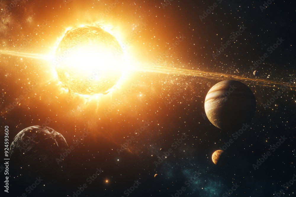 Sticker planets are orbiting massive star in deep space. planetary system and glowing star
