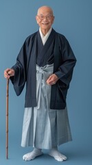 An elderly man stands proudly in traditional clothing, holding a cane and smiling warmly