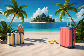 Obraz premium 3D Render Tropical Island Vacation Scene with Beach Bag and Luggage
