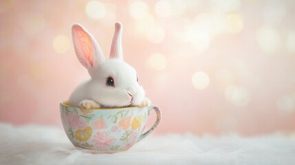 A cute white rabbit is sitting in a pink cup