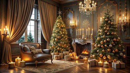 Luxurious gold and silver ornaments adorn a lavish Christmas tree, surrounded by sparkling candles, velvet drapes, and opulent furnishings, evoking festive sophistication.