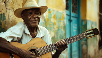 Latin men guitar blues, solo street music