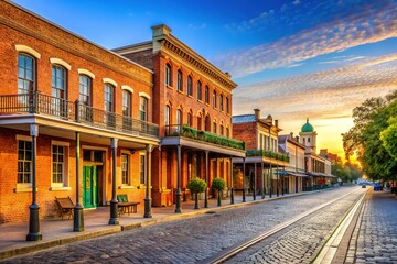 Fototapeta premium Historic brick buildings and charming cobblestone streets line the Sacramento River in Old Sacramento, California, a nostalgic glimpse into the Wild West era.