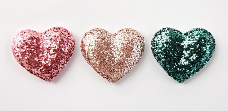 Three hearts made of glitter are arranged in a row