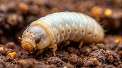 Macro shot of a plump, creamy-white grub insect with tiny hairs and segmented body, resting on a moist, dark brown soil surface.