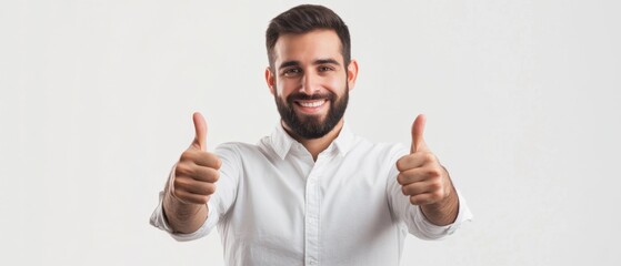 Positive engineer worker showing thumbs up on white background representing a sense of achievement and contentment with a confident expression