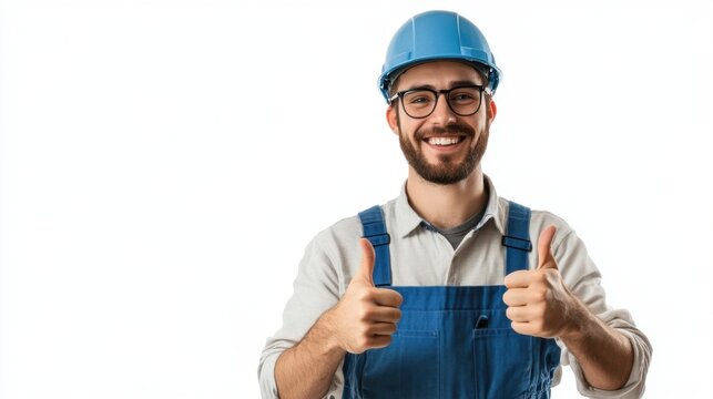 Happy engineer worker with thumbs up on a pure white background showcasing a positive work ethic and enthusiasm in a clear professional image