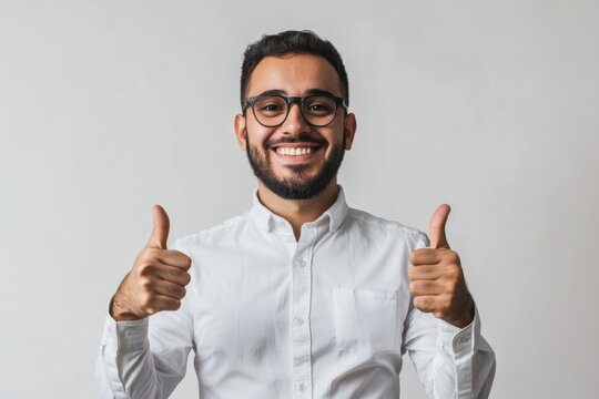 Energetic engineer with thumbs up on a white backdrop radiating happiness and a sense of accomplishment in a clear professional setting