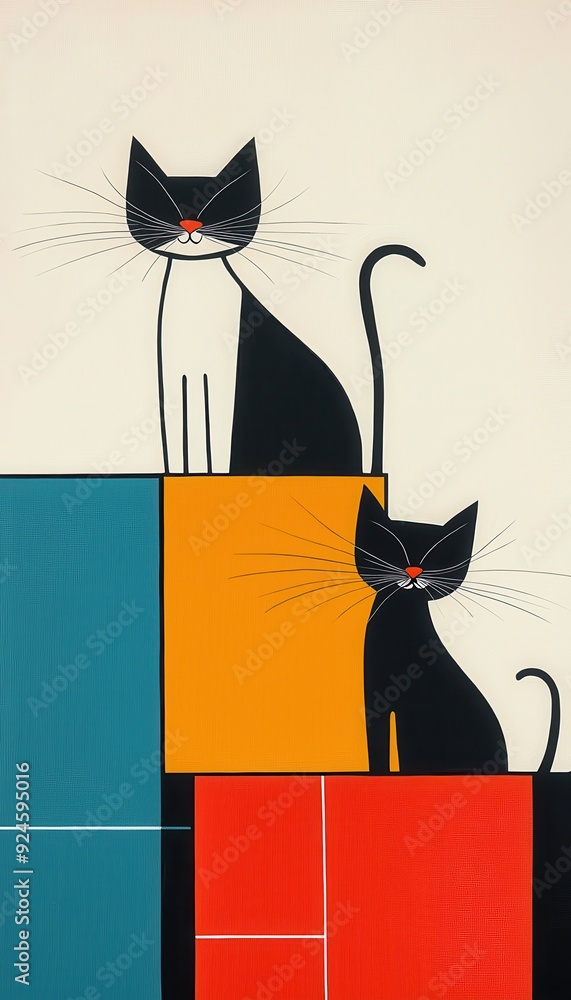 Canvas Prints Two Black Cats on Geometric Shapes.