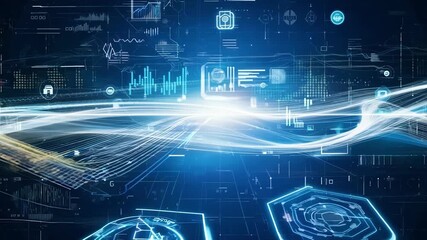 A flowing burst of digital coding and information creates a futuristic and technological vibe.